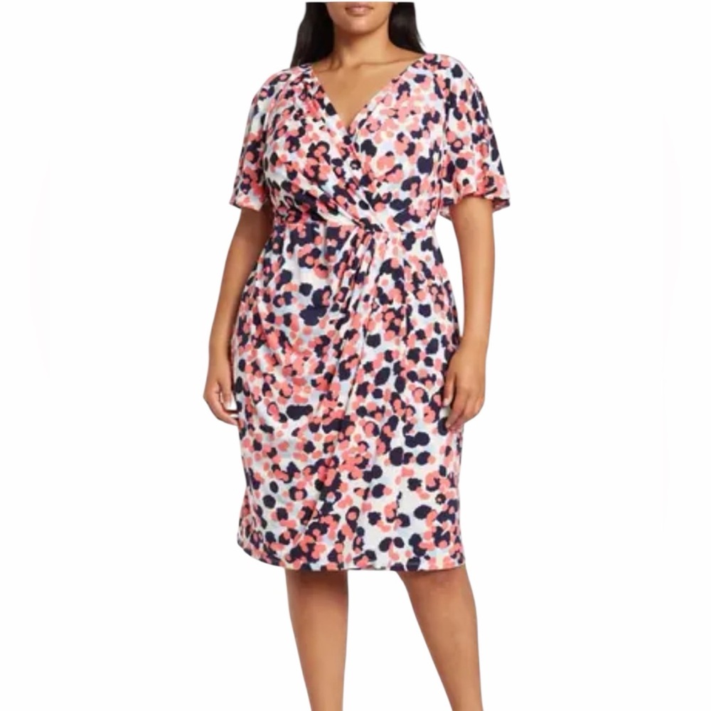 Maggy London Coral/White/Blue/Navy Print Jersey Knit V-Neck Dress 2